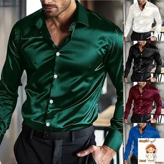 Camisa Casual Satin Silk Mens Manga Longa Discoteca Clube De Casamento Botão Para Baixo