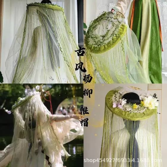 Antigo Hanfu Super fada Yangliu cortina chapéu borla chapéu longo crepúsculo atmosfera gaze chapéu foto estilo adereços
