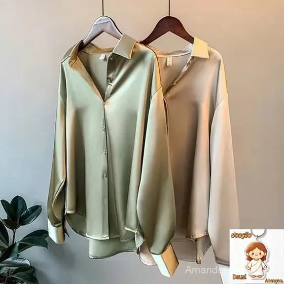 Camisa de Seda Feminina com Mangas Longas/Retro/Tamanho Plus/Primavera 2021