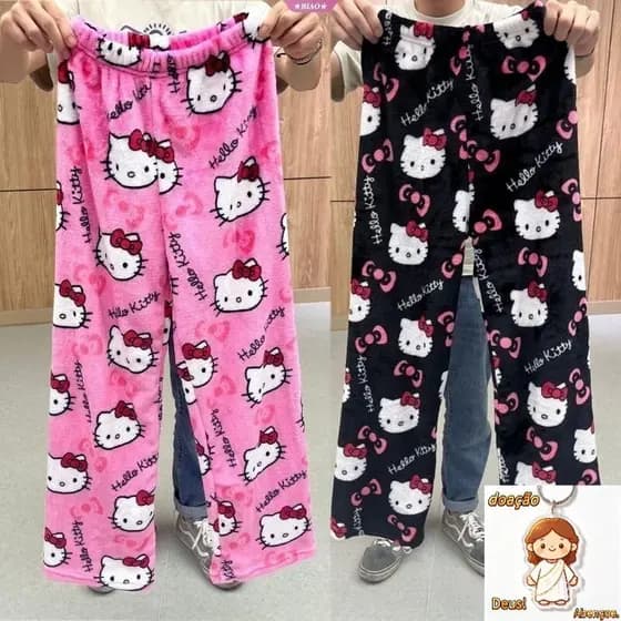 Hello Kitty Pijama Calças Kawaii Kt Cat Mulheres Quente Casual Outono Inverno Calças De Pelúcia Macia Coral Britches De