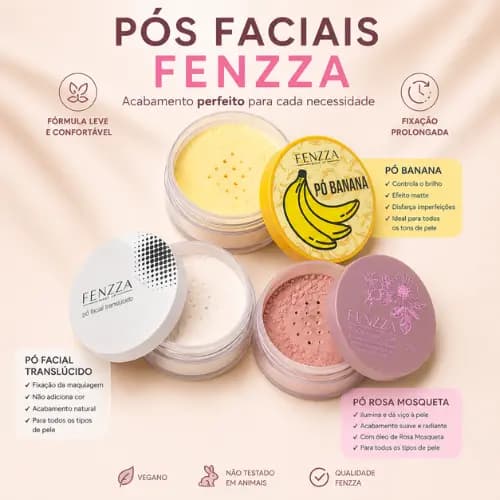 Pó Facial de Banana Translúcido Rosa Mosqueta Fenzza Selador de Maquiagem Longa Duração