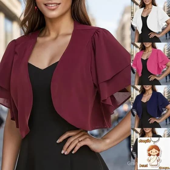 Moda feminina de cor sólida de manga curta Bolero cardigã de chiffon