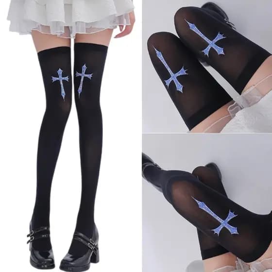 AA * Meias Femininas De Nylon Para Coxa , Fantasia De Cosplay De Halloween Sobre O Joelho , Com Estampa De Crucifixo , P