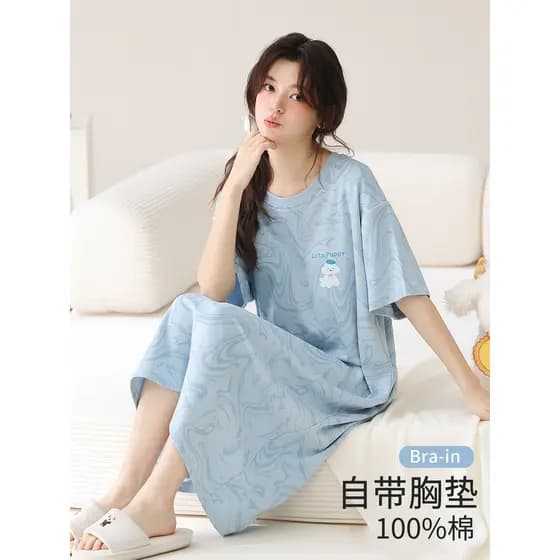 Fenteng Ke'an Camisola feminina verão algodão puro com almofada no peito pijama azul de manga curta feminino 2026 novo e