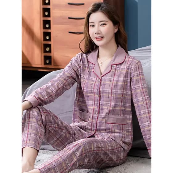 Primavera outono meia-idade mãe idosa pijamas feminino de manga comprida puro algodão outono inverno algodão Cardigan ta