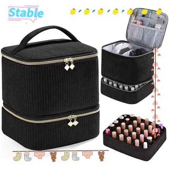 Bolsa Organizadora de Esmaltes Estável, Armazenamento de Cosméticos Portátil de Dupla Camada, Grande Capacidade