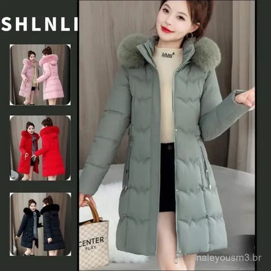 Casaco Feminino de Outono e Inverno com Gola de Pele, Veludo Grosso, Comprimento Médio, Estilo Vintage, Tamanho Grande