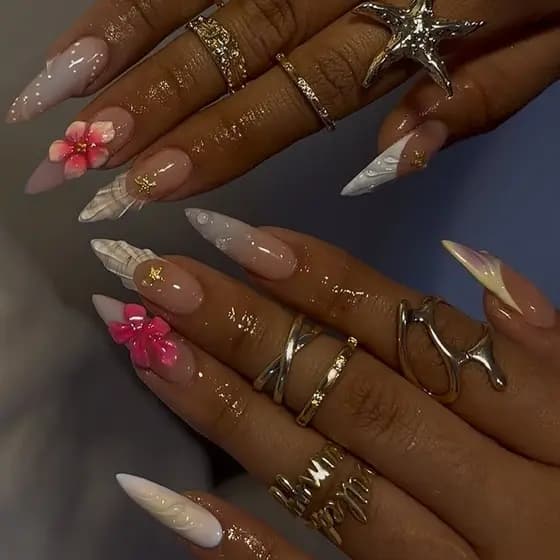 Verão ilha estilo tridimensional flor concha Wearable unhas europeu americano meninas quentes apontou longo amêndoa unha