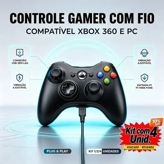 Presente Kit 1/2/4 Controle Xbox 360 com Fio USB | Vibração Plug & Play | Compatível Xbox Slim PC Notebook