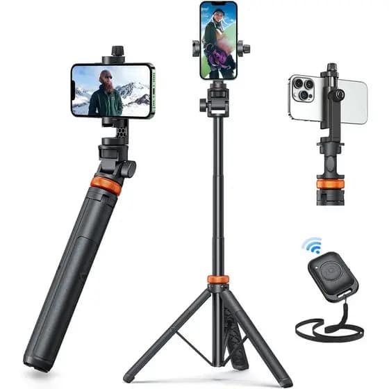 Tripé para Telefone EUCOS de 62", Tripé para iPhone e Bastão de Selfie com Controle Remoto, Suporte Extensível para Celu