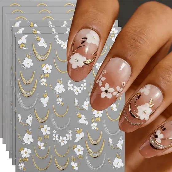 6 Adesivos de Unhas com Flores Brancas, Adesivos de Arte de Unhas de Primavera, Decalques Florais 3D para Unhas, Adesivo