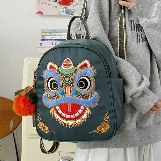 Mochila Escolar Casual com Bordado de Dança do Leão, Estilo Nacional, Mochila de Desenho Animado, Nova Mochila Escolar 2