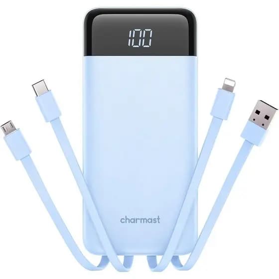 Carregador Portátil Charmast 10000mAh com Cabos Integrados, 6 Saídas e 3 Entradas, Power Bank Compacto, Bateria Essencia
