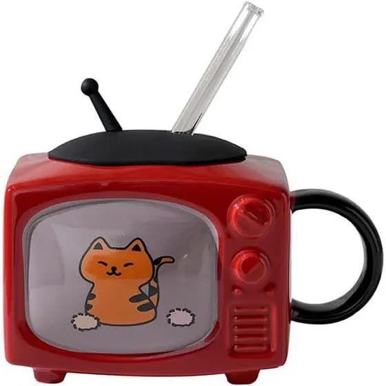 Caneca divertida de cerâmica, caneca em formato de TV, 450 mililitros/15,2 onças, com tampa e canudo, adequada para chá,