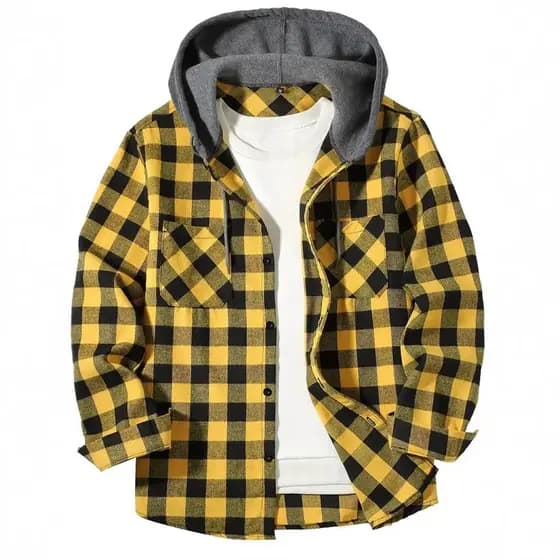 Nova camisa de flanela xadrez com capuz, em tamanhos europeus e americanos, camisa com capuz e bolso duplo, jaqueta masc