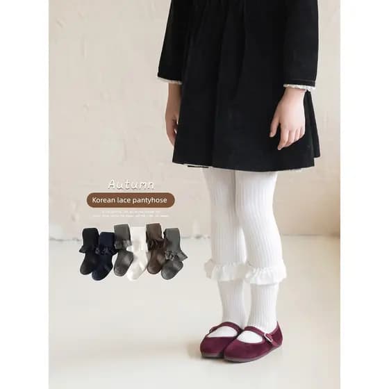 meia calça infantil menina Calças para meninas Calças de algodão puro primavera-outono Crianças com leggings de renda co