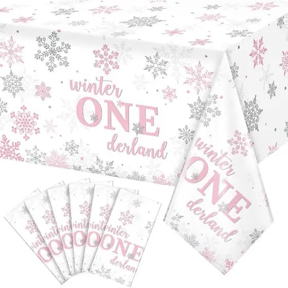 6 Peças de Toalhas de Mesa Descartáveis para o Primeiro Aniversário de Inverno Onederland, em Rosa e Prata com Flocos de