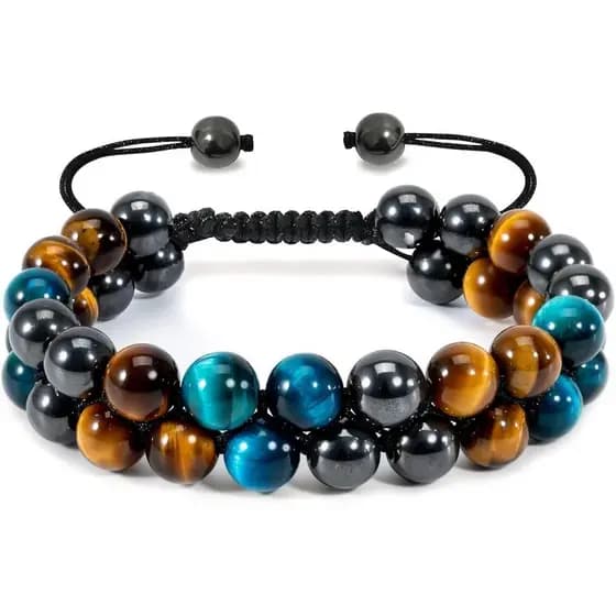 Pulseira de Proteção Tripla - Unissex com Pedras Olho de Tigre, Hematita e Obsidiana de 8mm, Pulseira de Cristal de Cura