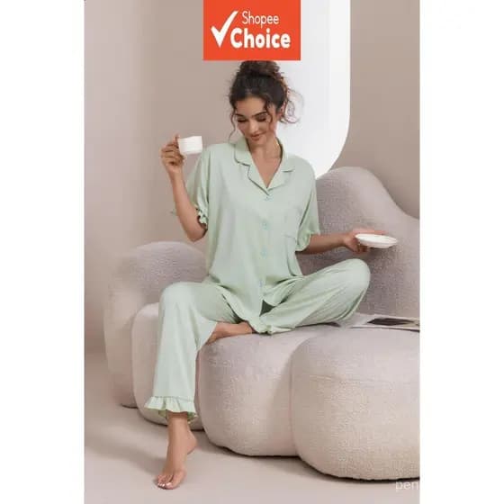 Conjunto de pijama casual de verão com babados para mulheres, conjunto de pijama de manga curta liso, cor sólida Matcha