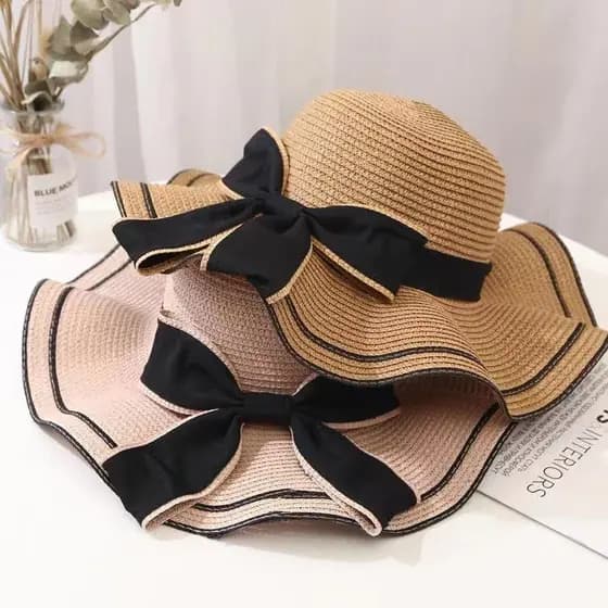 Acessório de Moda Chapéu Feminino de Aba Larga Cor Sólida Clássico com Laço Chapéu de Praia Viseira de Sol Chapéu Panamá