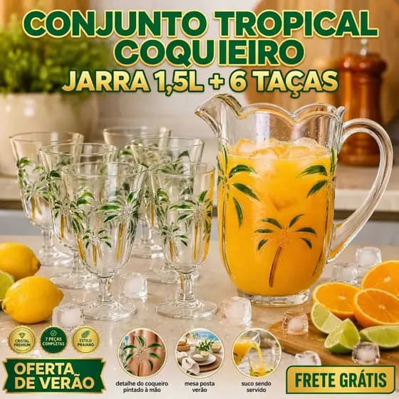 Jogo Jarra Vidro 1,5L 6 Taças Vidro Mesa Posta Drinks Suco Água Refrigerante Área Gourmet Presente Casamento Palmeira