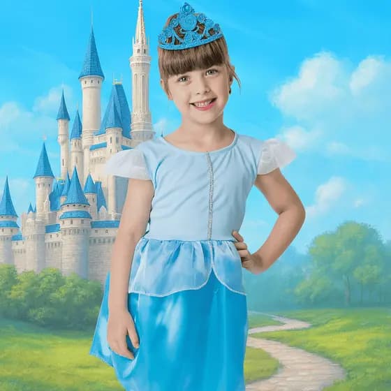 Kit Fantasia Infantil Princesa Azul com Vestido Coroa para Festa e Carnaval