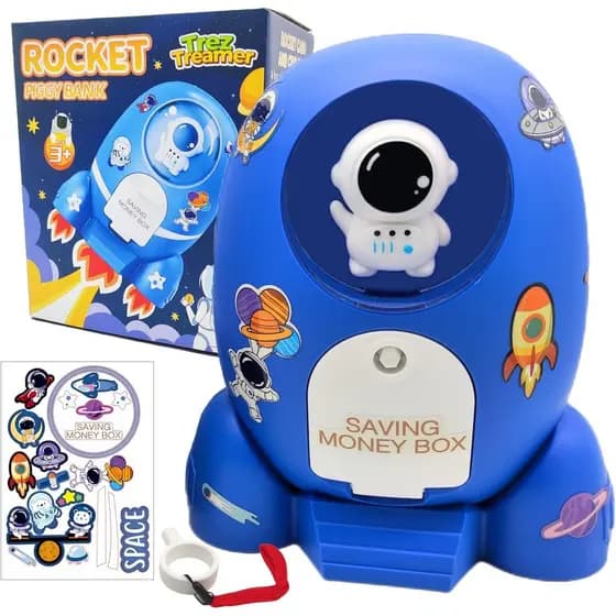Cofrinho Foguete para Meninos, Cofrinho Astronauta para Crianças, Cofrinho ATM para Moedas e Dinheiro com Chave, Adesivo