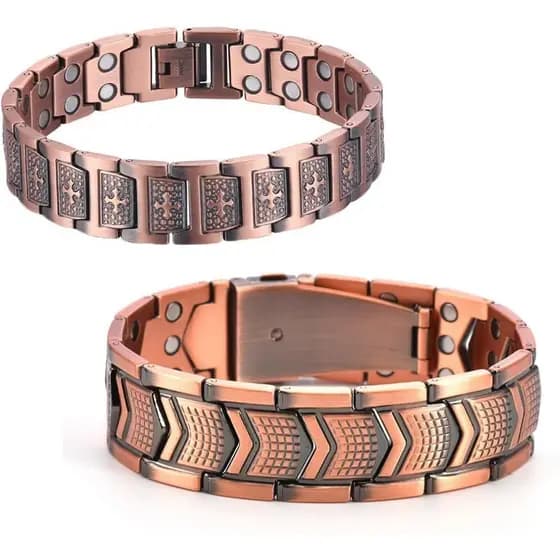 Pulseira magnética de cobre para homens, com elos ajustáveis e ímãs fortes embutidos.
