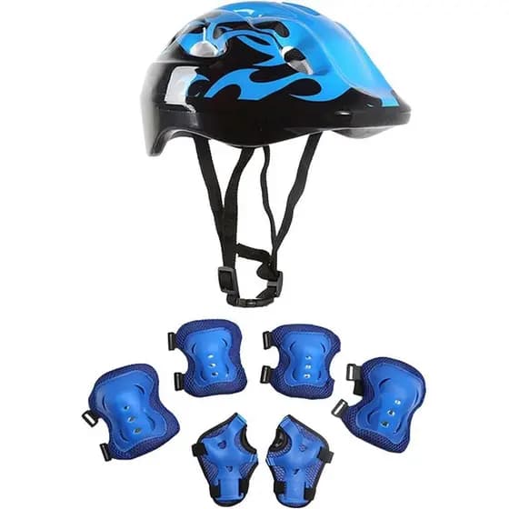 Um conjunto de equipamentos de proteção infantil, incluindo capacete, joelheiras e cotoveleiras, conjunto para patinação