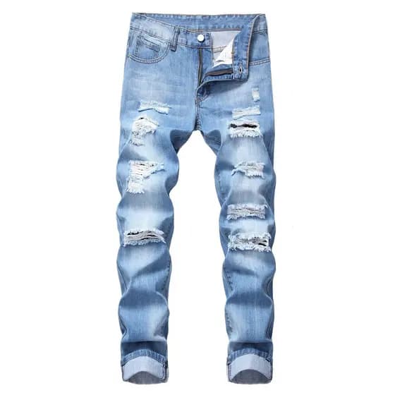 Pronto estoque Calça Jeans masculina rasgada reta Slim fit Stretchless rasgada