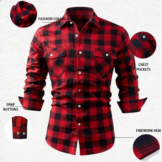 Primavera verão Slim-fit moda moda xadrez escovado High-End manga comprida bolso duplo flanela camisa masculina pronto e