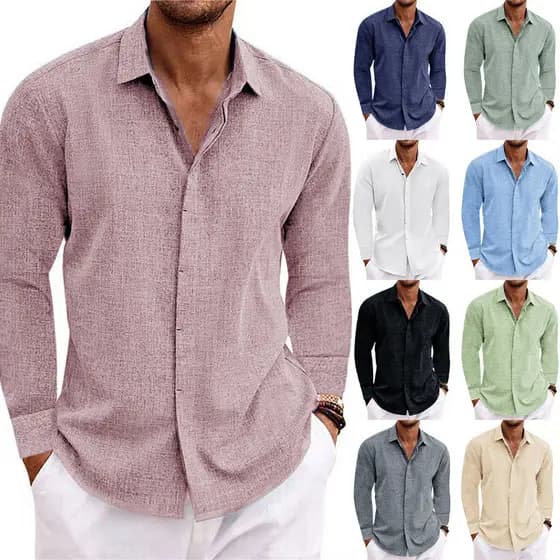Camiseta masculina de linho de manga comprida solta camiseta cor sólida manga comprida camisa de linho de algodão mascul