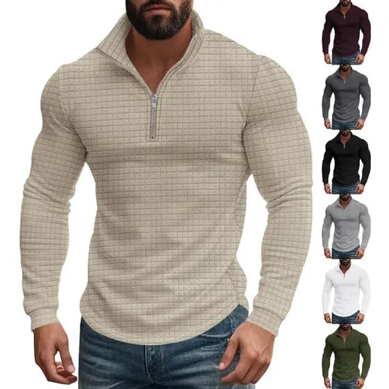 Moletom americano retrô outono inverno manga comprida masculino meio zíper pequeno xadrez Casual Stand-Up