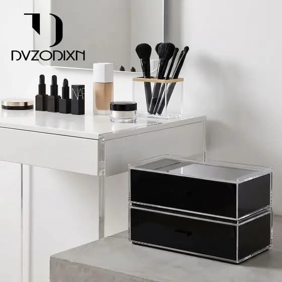 Caixa de armazenamento de cosméticos acrílico preto estilo gaveta empilhável Desktop cômoda batom maquiagem escova prate