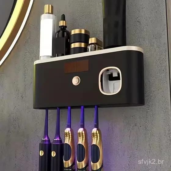 Suporte de Escova de Dentes Montado na Parede com Dispensador Automático de Pasta de Dentes, Organizador de Banheiro Rec