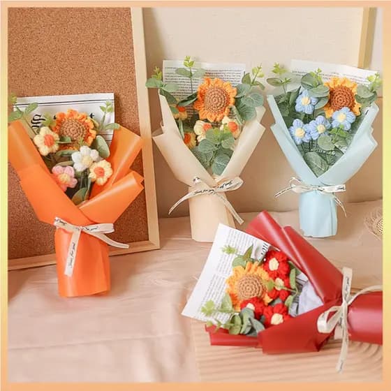 Buquê De Girassol De Crochê Feito À Mão Acabado , Inchado De Malha Com Saco De Presente , Flores Artificiais Para O Dia
