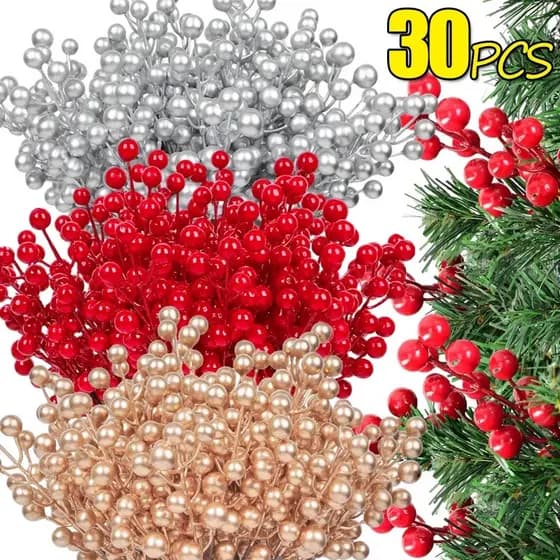 30 Peças Ramos De Baga De Azevinho Artificial-Buquê De Frutas De Espuma De Simulação De Natal-Decoração De Guirlanda De