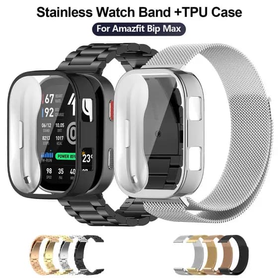Para Amazfit Bip Max Pulseira De Relógio De Aço Inoxidável + Capa TPU 3 Pontos Link Milanês Malha Loop Cinta Conjunto Es