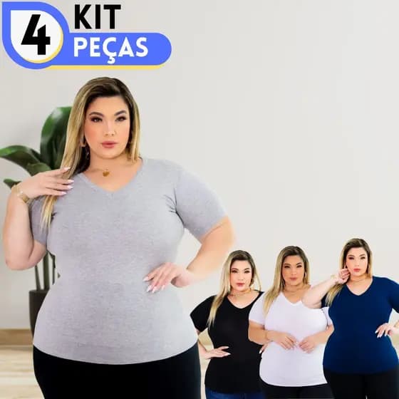 Kit 4 Camisetas T-Shirt Plus Size Básica Feminina Manga Curta Gola V Curve