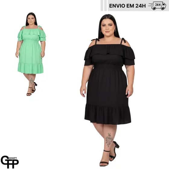 Vestido Feminino Plus Size com Babado Ciganinha Estilo Curve Manga Curta