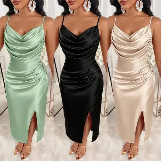 Vestido Feminino ANGÉLICA tecido p.rada acetinado modelo luxo festas formatura casamento madrinha alça zíper bojo fenda