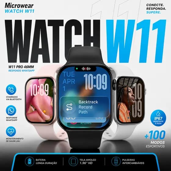 Relógio Smartwatch W11 Pro 46mm Responde Whatsapp Microwear Serie 11 Tela Amoled + Brindes