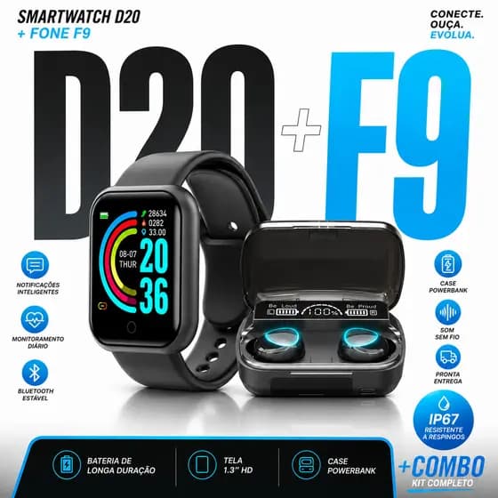 Relógio Smartwatch Digital D20 Unisex + Brinde Fone de Ouvido Sem Fio F9 Case Powerbank