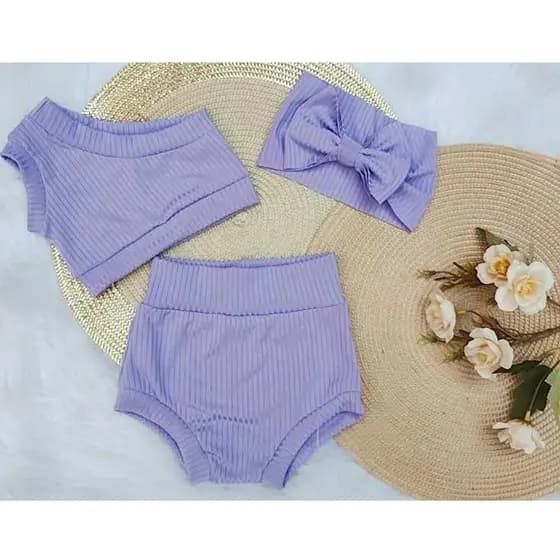 Conj. Tapa-Fralda+Topper+Tiara Cabelo - Lilas!! 3 Peças Bebê - Malha Canelado - Verão