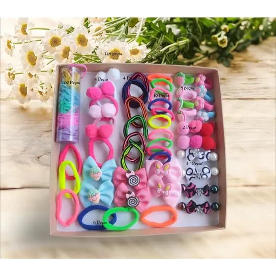 Kit 146 Xuxinhas De Cabelo Variadas Pompom - Bico De Pato