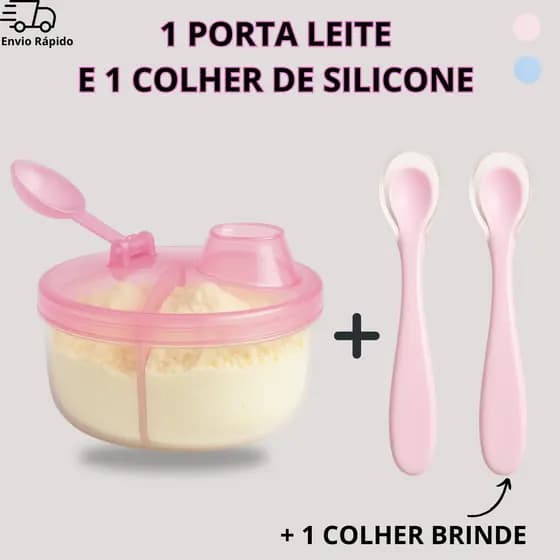 Porta Leite em Pó de Bebê ou Formula 1 Pote com 3 Divisórias + 2 Colheres com Ponta de Silicone Bebê