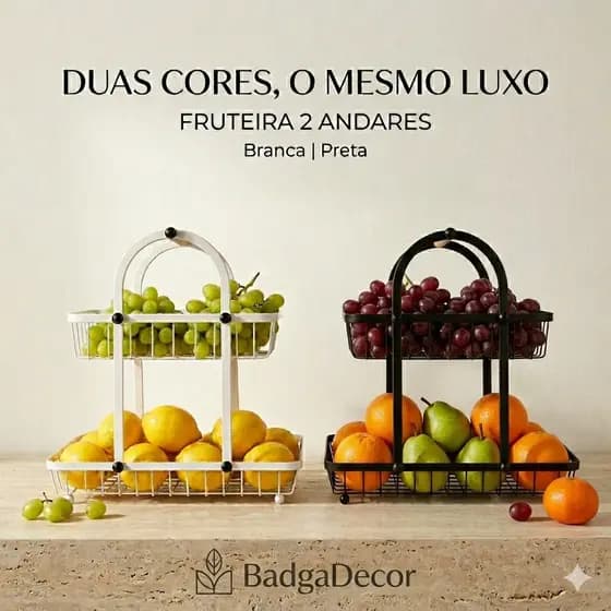 Fruteira de Ferro 2 Andares com Alça Bambu 🥭🍎 Cozinha Mesa Bancada Organizador Moderno