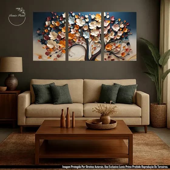 Quadro Decorativo 3 Peças 120x60cm Arvore De Petalas Abstratas