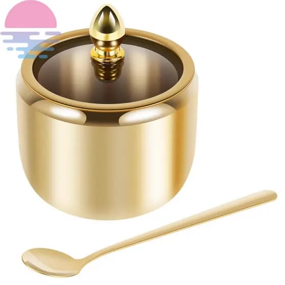 Recipiente De Açúcar De Aço Inoxidável 304 Com Tampa De Vidro Transparente E Colher Açucareiro Dourado Frasco 10 Onças Caixa De Tempero Segura Para Máquina De Lavar Louça Pote De Condimento Multifuncional Sal SHOPSKC2996