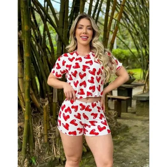 Pijama Suede Feminino Adulto short Doll cropped verão com maga curta